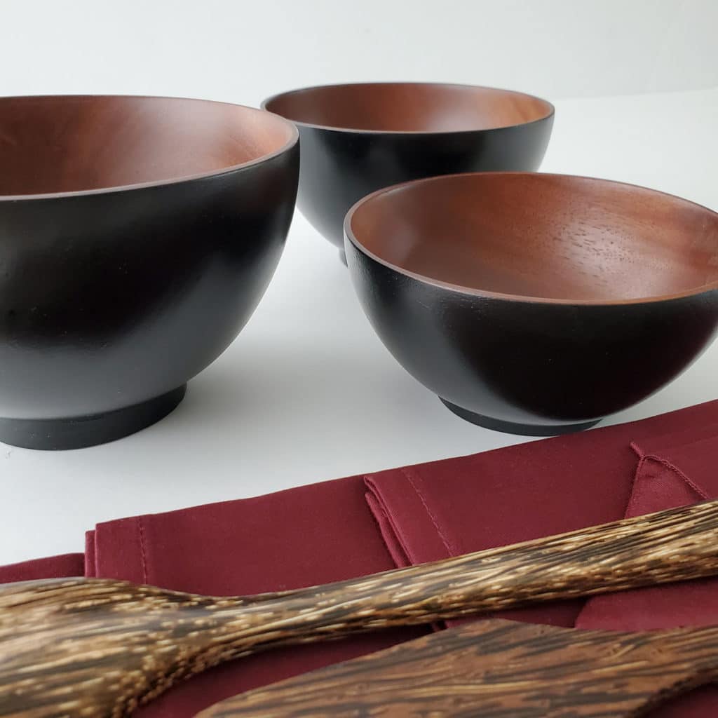 mahogany wood oryoki bowl set with 3 bowls and utensils