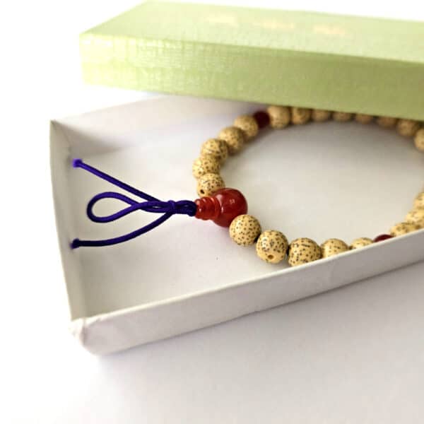 Serenity Lotus Seed wrist mala in box made in Japan